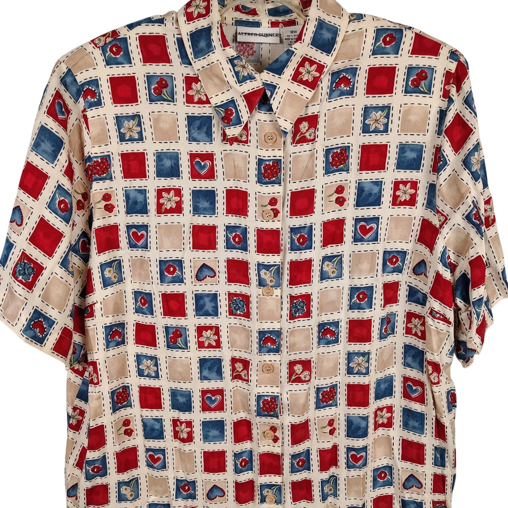 Alfred Dunner Womens 18W Button Up Shirt Multicolor Rayon Patchwork Cottagecore